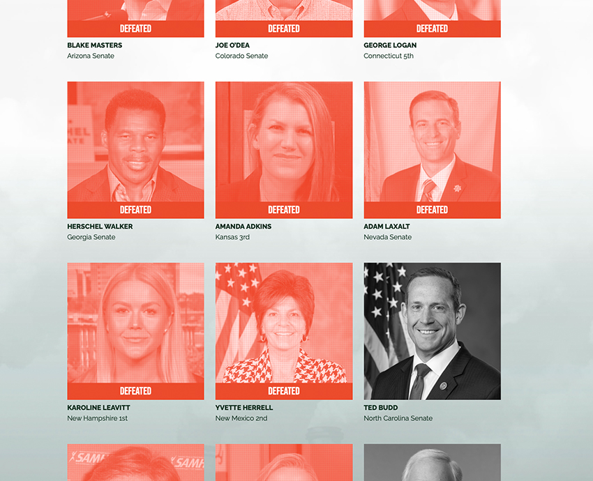 Screenshot from the Dirty Dozen webpage showing headshots of Dirty Dozen members overlaid with red to indicate their defeat.