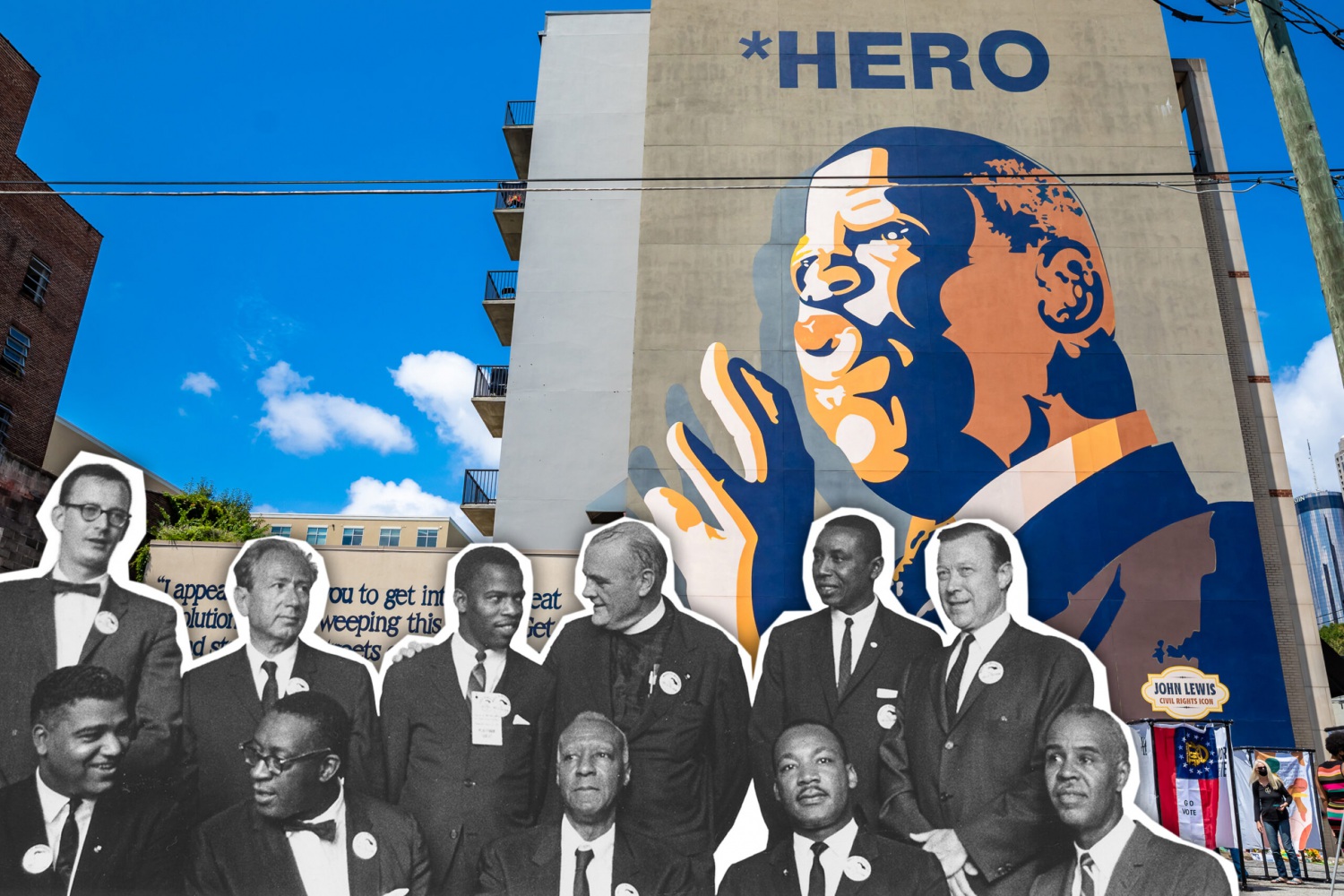 Black and white image of historic Black rights leaders superimposed on photo of a mural of John Lewis with the word "HERO"