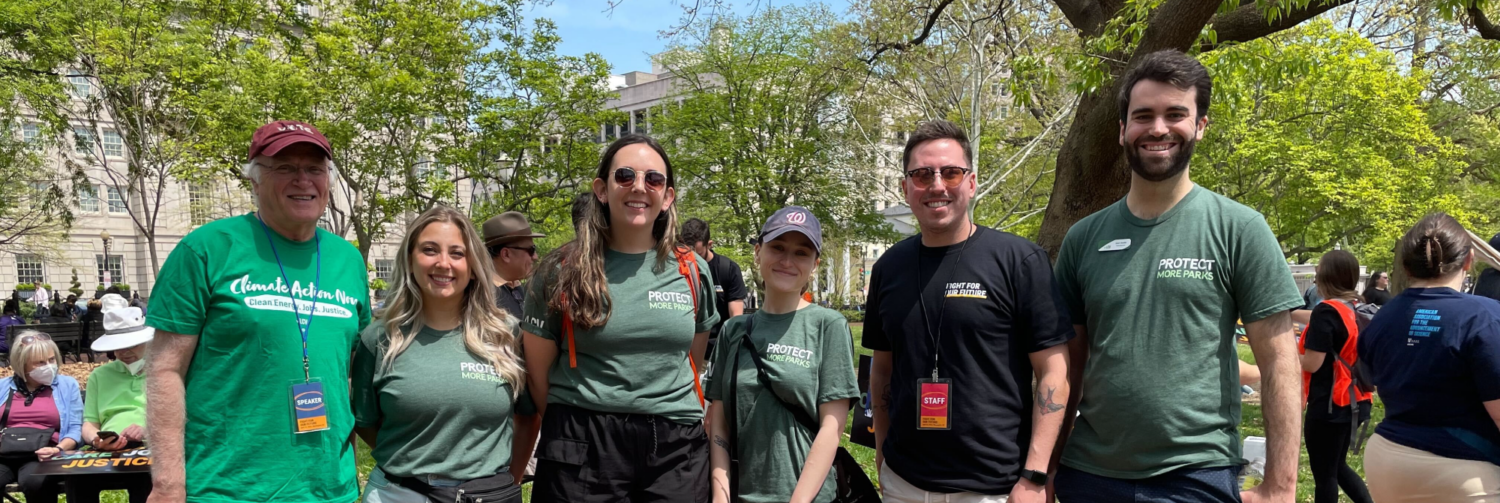 LCV Staff and Volunteers pose in Protect More Parks shirts at an Earth Day Rally