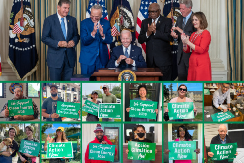 Photo collage of activists holding signs reading "We Support Clean Energy Jobs" and "Climate Action Now" and an image of President Biden smiling at a desk while other legislators clap.