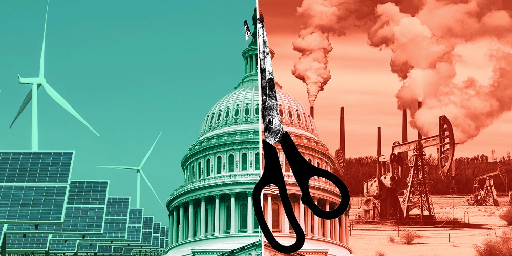 Graphic showing scissors cutting a photo of the Capitol Dome in half. In the background are wind turbines and solar panels on the left and oil rigs and smoke stacks on the right.