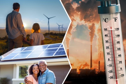 Photo collage with a father and daughter overlooking wind turbines, as well as a couple smiling in front of a home with solar panels, juxtaposed with pollution from smokestacks and rising temperatures.