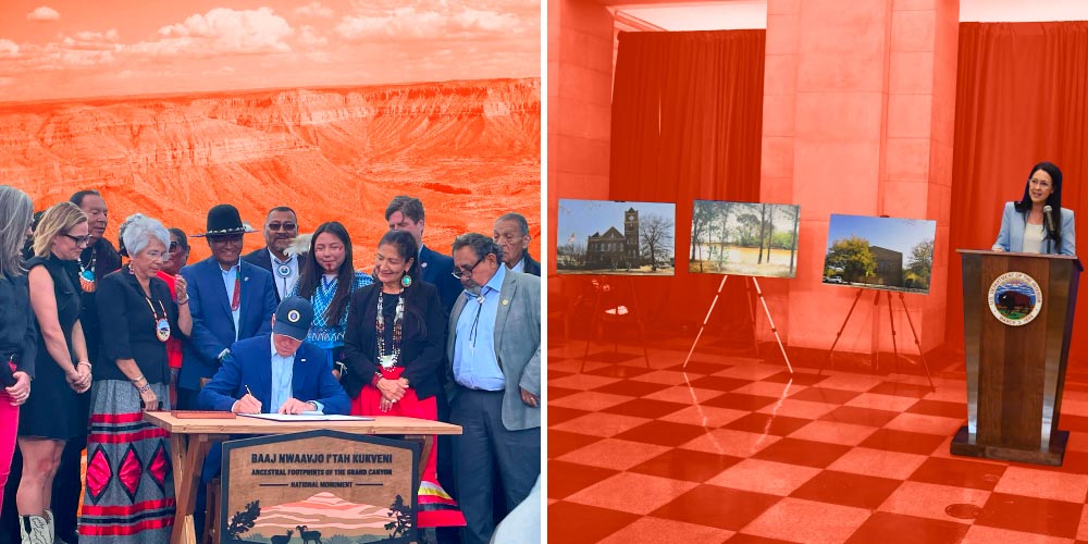 On the left, Biden signs the designation for Baaj Nwaavjo I'tah Kukveni — Ancestral Footprints of the Grand Canyon amongst Arizona electeds. On the right, the Department of the Interior celebrates the designation of the Emmett Till and Mamie Till-Mobley National Monument.