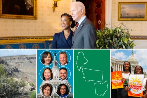 Collage of images: Biden with Natalie King; Baaj Nwaavjo I'tah Kukveni national monument; Congress members endorsed by LCV Action Fund; State outlines of Maine, Montana, and Ohio; people holding signs to pass the Freedom to Vote Act in front of the Capitol building.