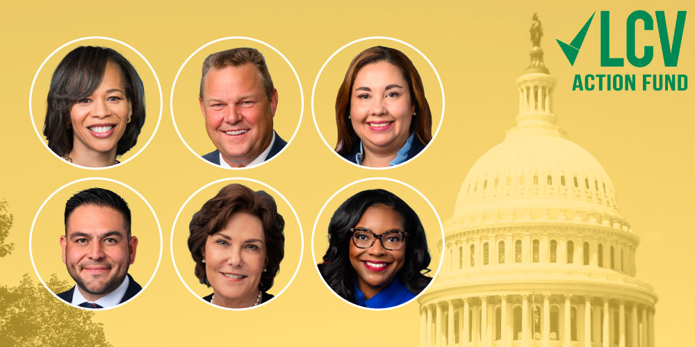 Lisa Blunt Rochester, Jon Tester, Yadira Caraveo, Gabe Vasquez, Jacky Rosen, and Emilia Sykes in front of Capitol Building with LCV Action Fund logo.