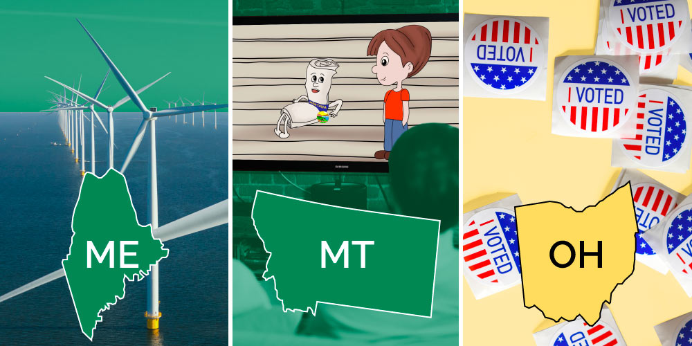 On the left, an offshore wind project is shown with the state outline of Maine. In the middle, someone watches an animated video of a state constitution with the state outline of Montana. On the right, I voted stickers are shown with the state outline of Ohio.