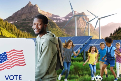 Collage with a man smiling at a voting booth in the foreground with kids playing soccer, solar panels and windmills, and a mountain landscape in the background.