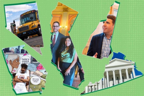 Photos superimposed on cutouts in the shape of each state: Nevada with image of an electric school bus charging, California with image of SB 253 celebration, New Hampshire with image of Chris Pappas, Georgia with image of a new mural, Virginia with image of the state Capitol building.