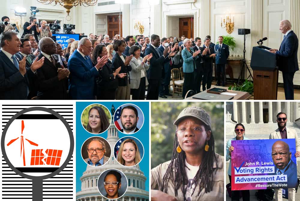 Collage of images: A group celebrates the Inflation Reduction Act; tracking threats to IRA funding; Congress members endorsed by LCV Action Fund; an ad highlighting farmers aided by the IRA; LCV staff hold a sign to pass the John R. Lewis Voting Rights Advancement Act.