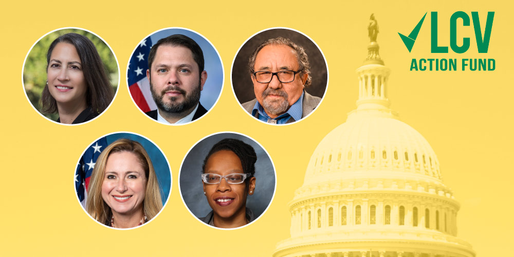 Candidates Laura Friedman, Ruben Gallego, Raúl Grijalva, Debbie Mucarsel-Powell, and Lateefah Simon in front of the Capitol Building with the LCV Action Fund logo