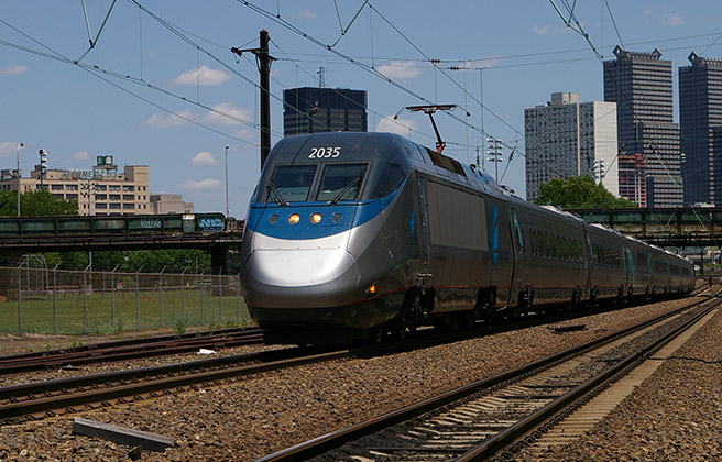 An Acela Express train led by power car #2035 near Philadelphia, PA