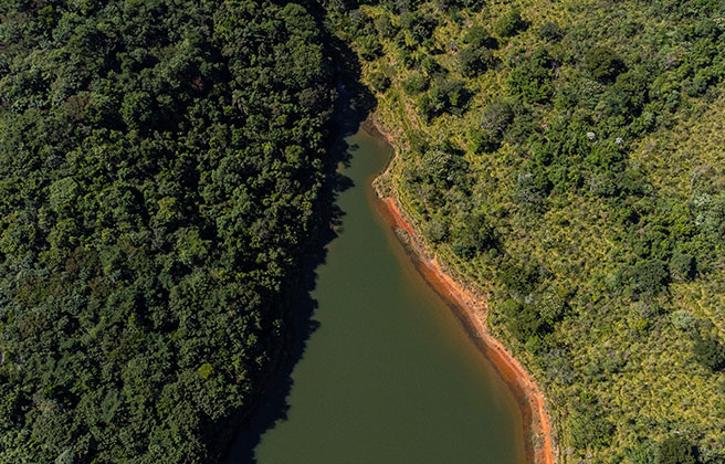 Aerial view of forest and river in Brazil.