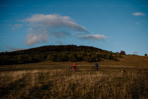 Two people riding bikes in a scenic landscape.