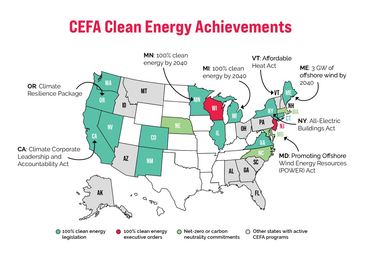 Map infographic detailing clean energy achievements in the states
