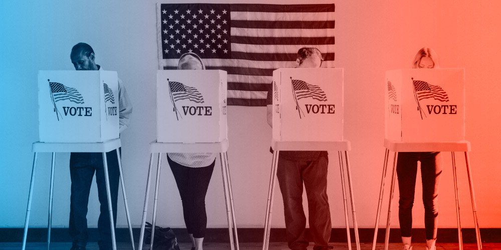 Photo of voting booths with a blue and red gradient overlay.