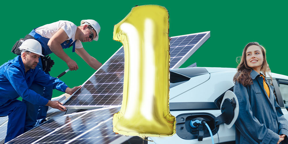 Workers install solar panels, and a woman charges her electric vehicle with a “1” balloon for the first anniversary of the Inflation Reduction Act.