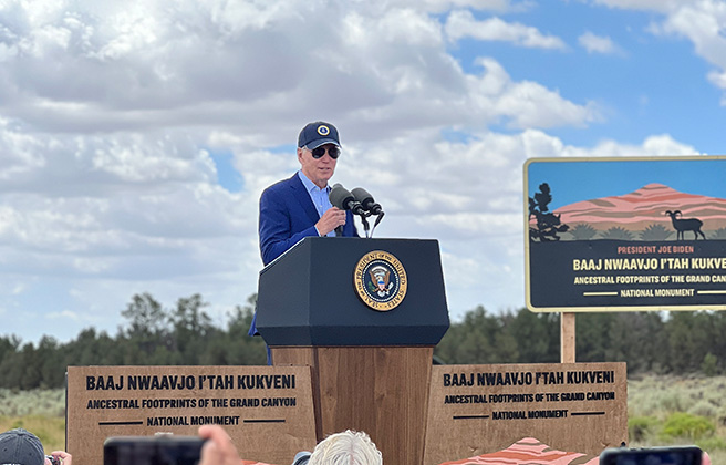 President Biden speaking at the designation ceremony for Baaj Nwaajvo monument.