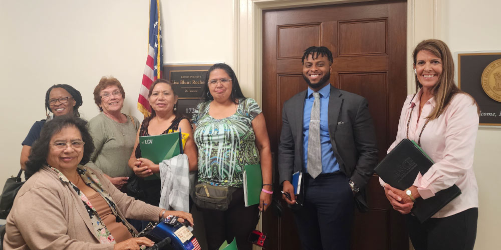 LCV staff from Chispa Texas and our partners pose outside a Congressmember’s office during a fly-in about LNG