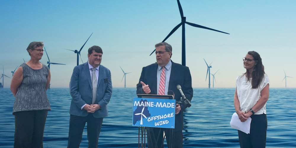 Offshore wind press conference in Maine with LCV’s state league in foreground with offshore wind turbines in background