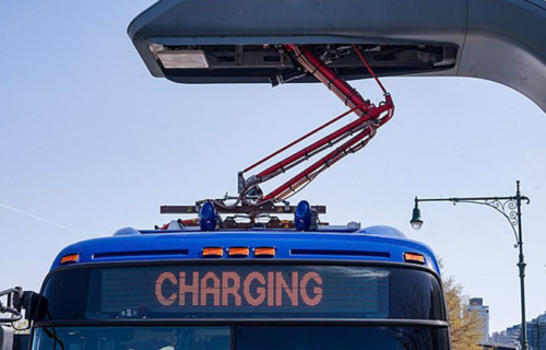 An electric bus charging.