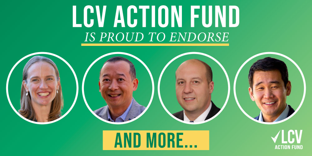 Banner reading "LCV Action Fund is proud to endorse" above a row of four headshots, the first of a woman followed by three men