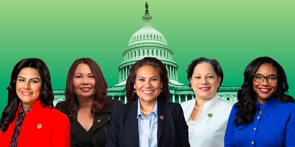 Photos of five Congresswomen superimposed on a green background with a photo of the Capitol Dome