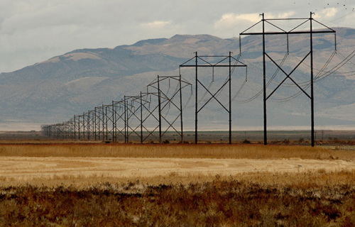 Electricity lines in a rural mountain area.