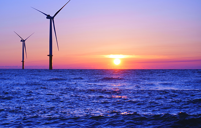 Offshore wind farm at the Port of Noshiro at sunset.