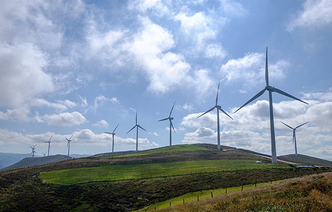 Rows of wind turbines set in rolling hills.