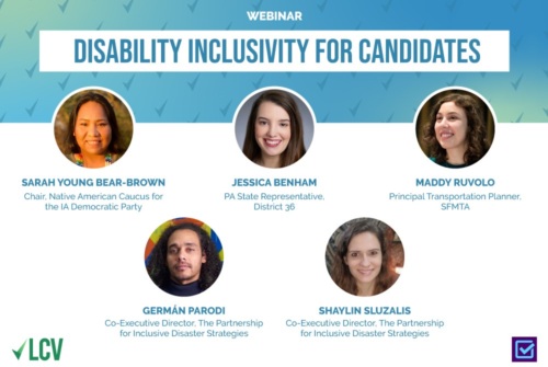 Graphic with "Disability Inclusivity for Candidates" headline and headshots of 5 people: Sarah Young Bear-Brown, Jessica Benham, Maddy Ruvolo, German Parodi and Shaylin Sluzalis