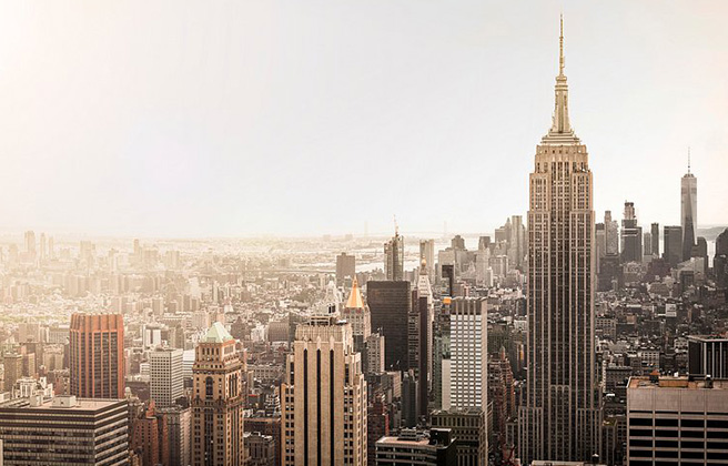 Manhattan cityscape with tall buildings.