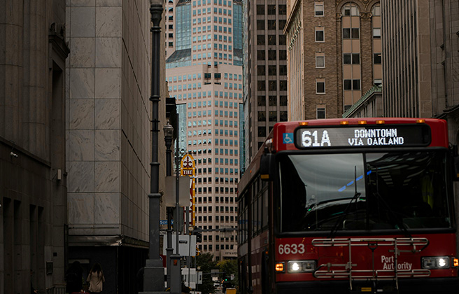City bus on downtown street of Pittsburgh, PA.
