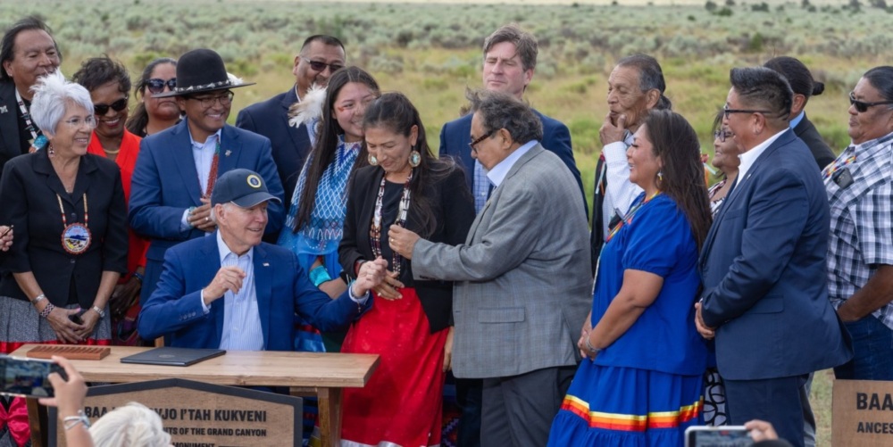 Ranking Member Grijalva, Interior Secretary Haaland, and President Biden with Tribal leaders at the National Monument Designation of Baaj Nwaavjo I'tah Kukveni - Ancestral Footprints of the Grand Canyon