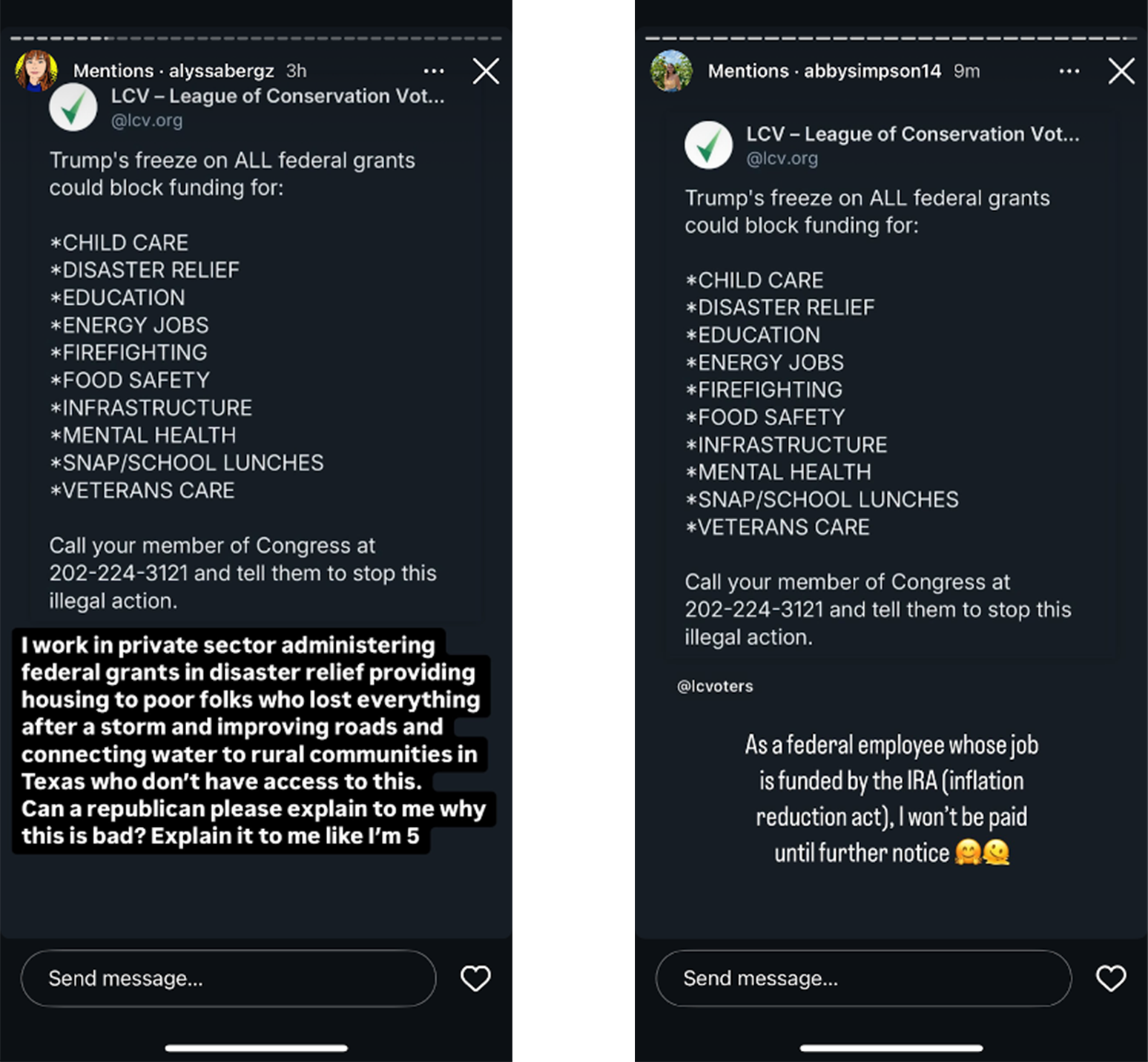 Replies to an LCV instagram post on federal cuts from impacted individuals.