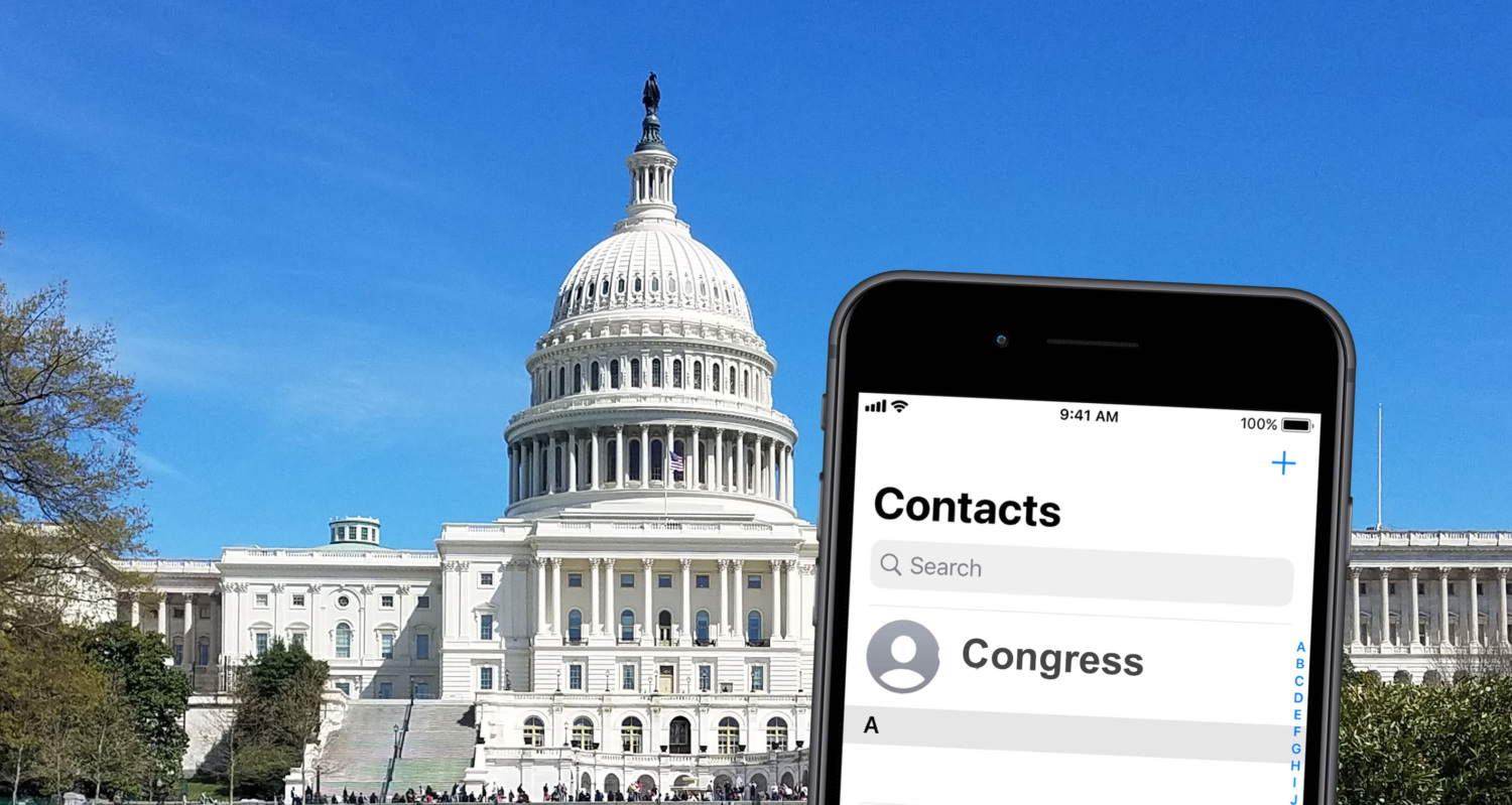 An iphone is open to a contact card for "Congress" with the capitol building in the backdrop.