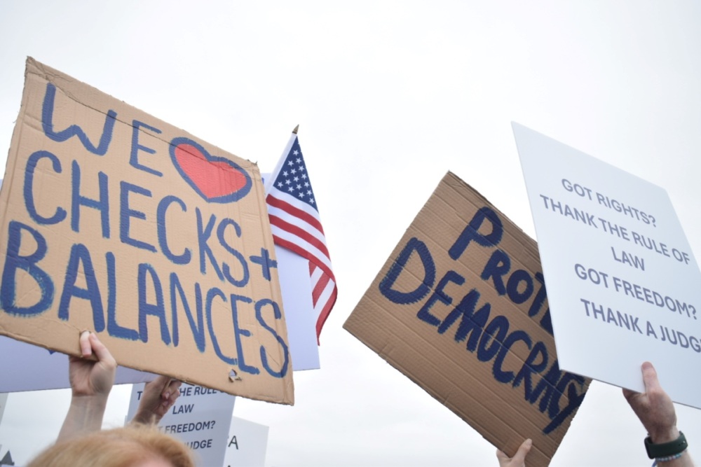 Protest signs reading "We [heart] checks & balances," "Protect Democracy," and "Got rights? Thank the rule of law. Got freedom? Thank a judge."