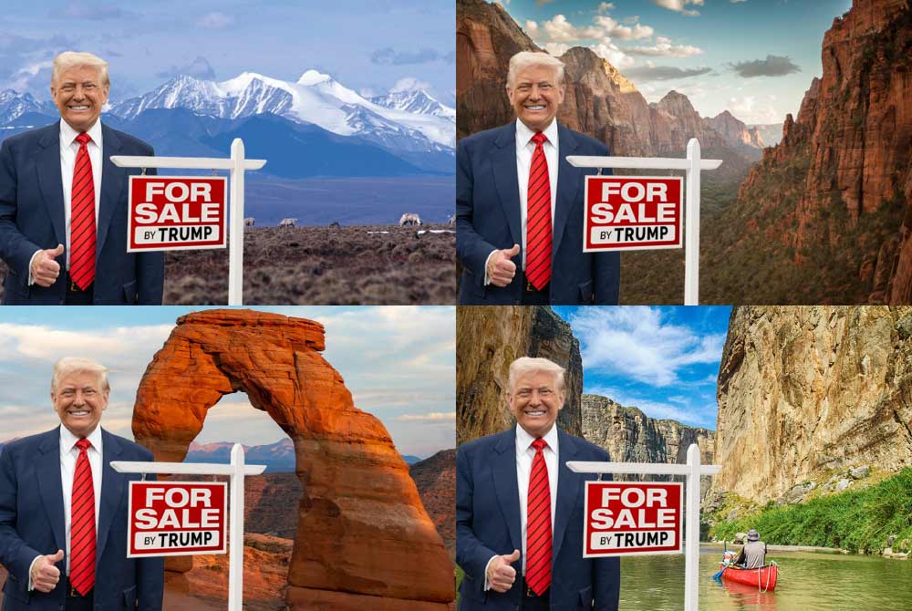 A photoshopped image of Donald Trump smiling with “for sale” signs in front of four landscapes in Alaska, Utah, and Texas