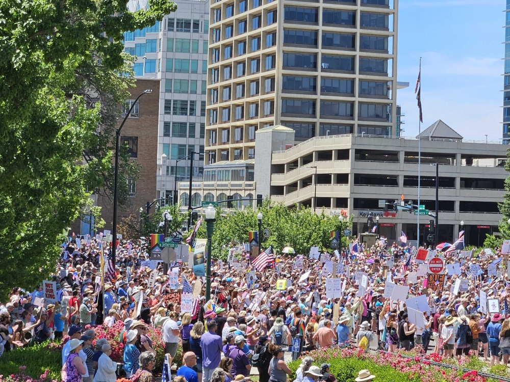A crowd of protesters against the backdrop of city buildings.