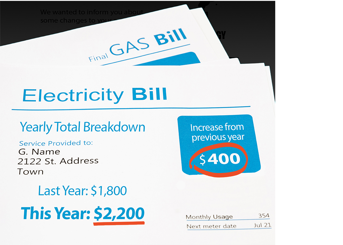 A graphic of an electricity bill showing increased prices from one year to the next.
