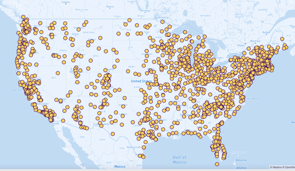 A map of the U.S. with planned rally locations marked in yellow.