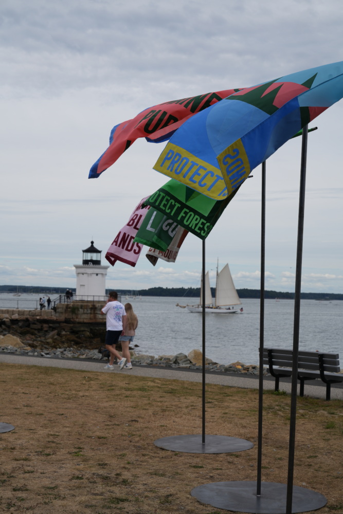 Flags fly on the shore with a lighthouse in the background.