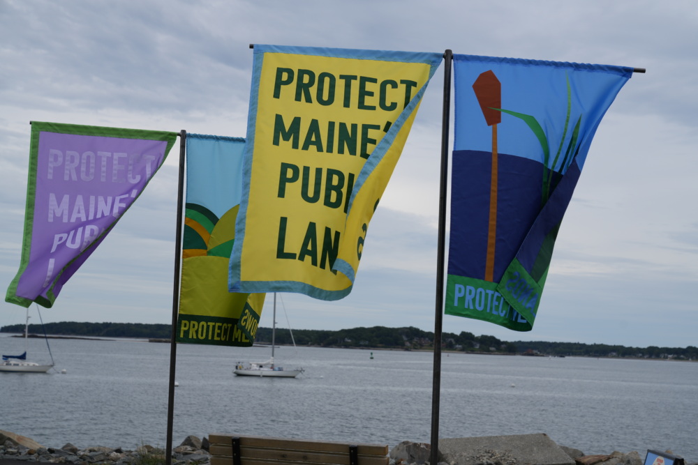 Flags, with one reading "Protect Maine's Public Lands" fly with a body of water in the background.