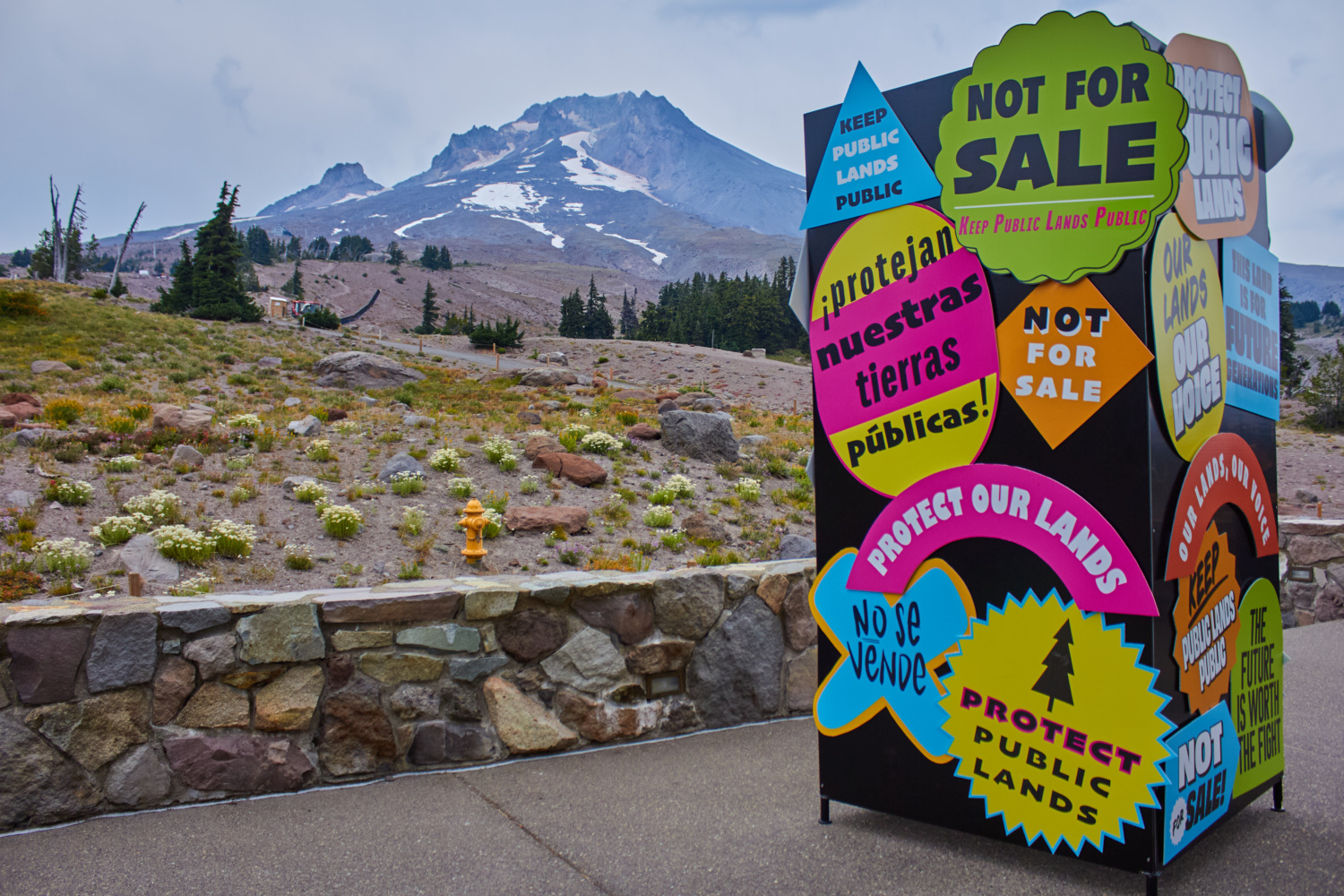 Image of public lands installation saying public lands are not for sale in front of Mt. Hood