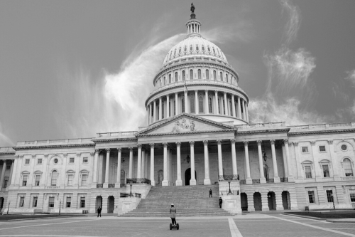 The U.S. Capitol building in black and white.