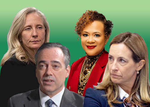 Portraits of Abigail Spanberger, Peter Hubbard, Alicia Johnson, and Mikie Sherrill over a green background.