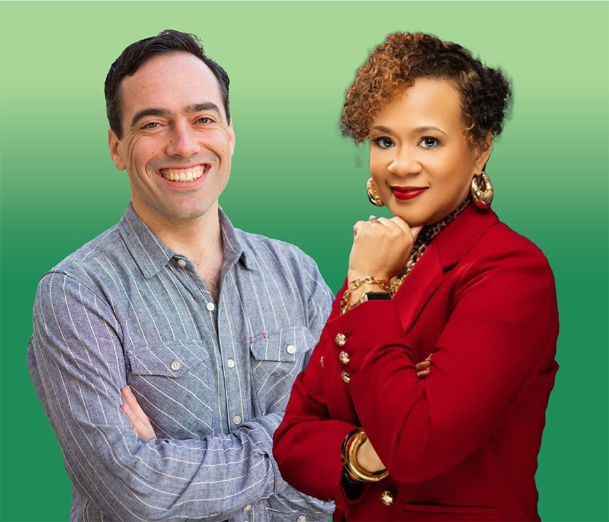 Peter Hubbard and Alicia Johnson portraits in front of a green background.