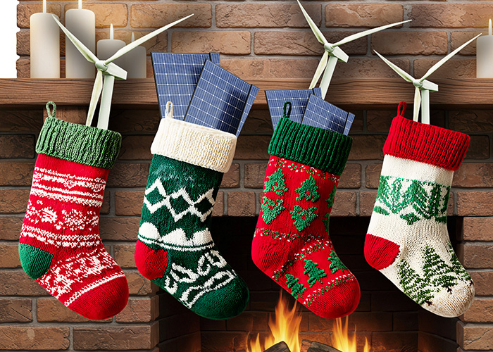 Stockings hanging on a fireplace with wind turbines and solar panels in them.