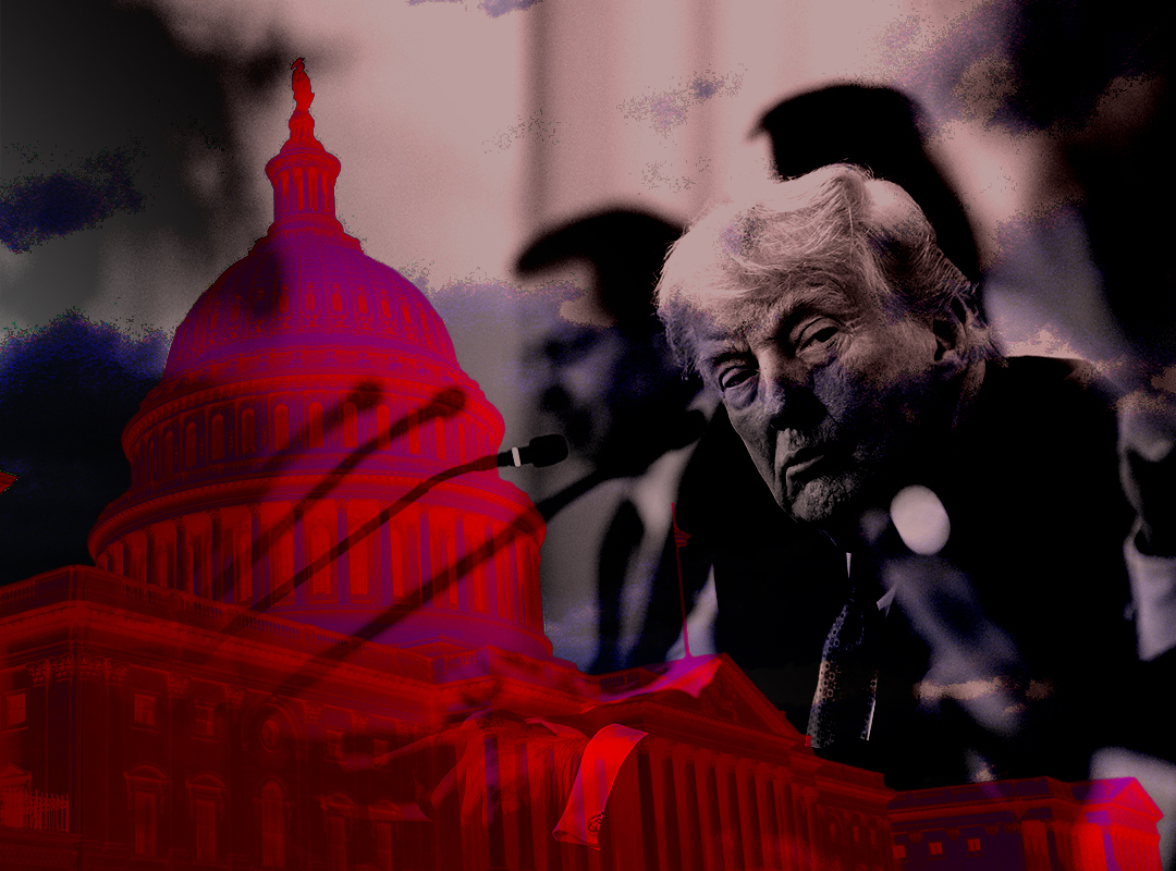 Trump looking at the camera in black and white overlaid on a red image of the Capitol building.
