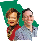 Public Service Commissioners Dr. Alicia Johnson and Peter Hubbard in a cutout of Georgia