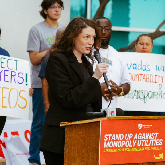 Nevada activists hold signs demanding protection for residents at a press conference on utility costs